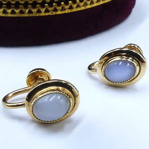 Vintage marked 1/20 12k gold filled & glass moon stone cabochon screw back earrings