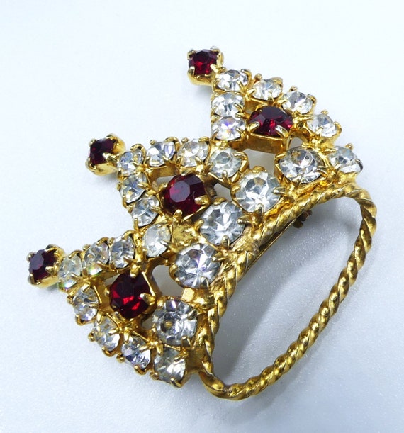 Vintage gold tone & clear red rhinestone crown pi… - image 3