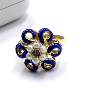 Vintage 14k gold & blue enamel mini pearl ring size 3.5