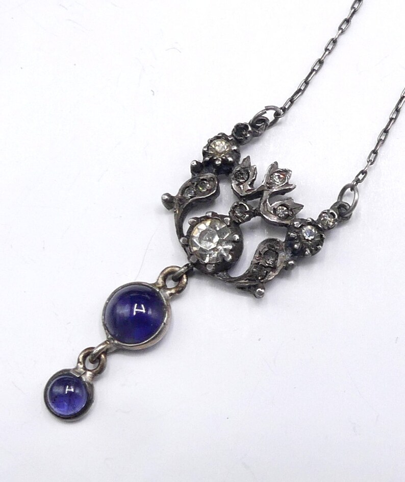 Antique vintage Edwardian sterling & rhinestone iolite pendant necklace image 6