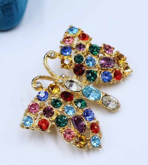 Broche Vintage Papillon Doré Avec Perles Et Strass - Environ 6x3 Cm - Bon état