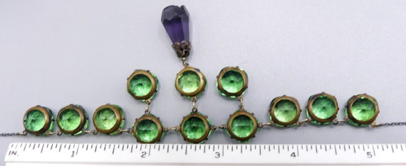 Antique vintage Art Deco brass chain & green rhin… - image 8