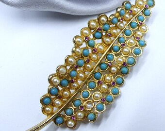 Grande Broche Vintage Or Avec Perles Turquoise - Bijou Ancien Superbe - Modèle 1573