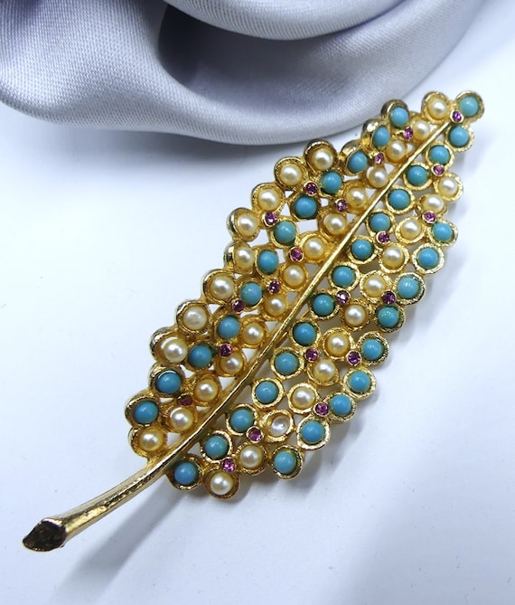 Broche Vintage En Métal Doré Et Perles Turquoise – Bijou Ancien, Pièce Unique Numérotée 1573