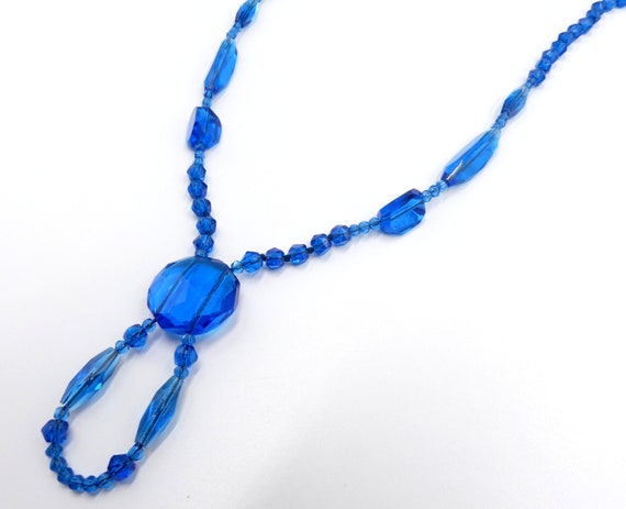 Vintage Art Deco peacock blue glass bead necklace - image 6