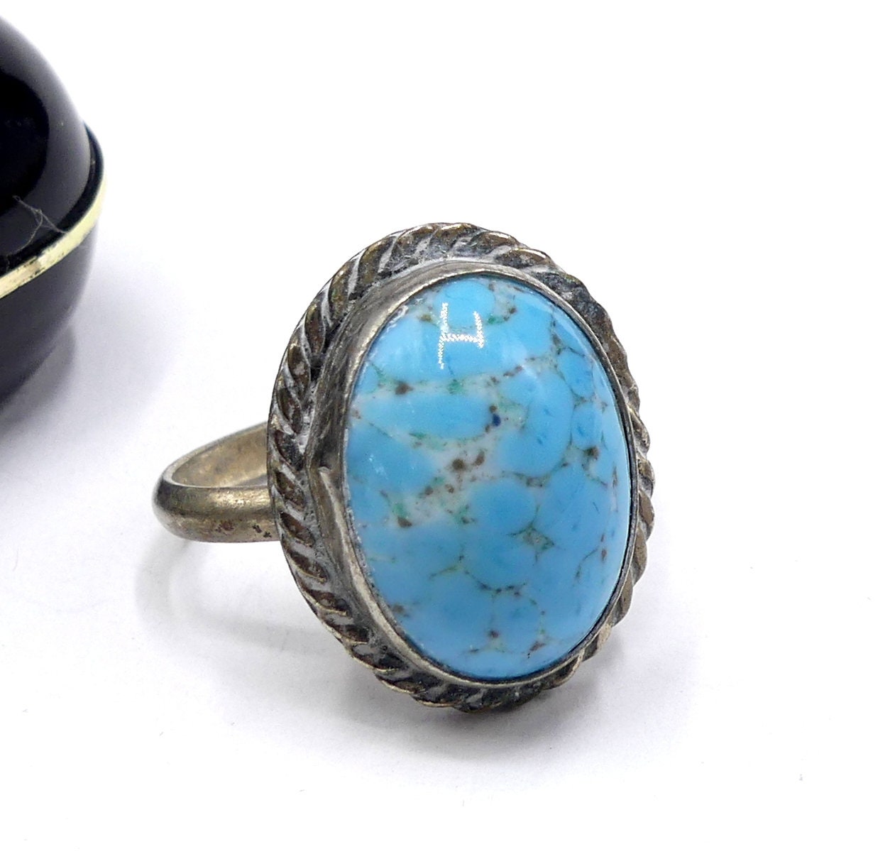 熱い販売 Cabochon Glass Blue & Tone Silver Vintage Ring Etsy - 9 Size 16号～
