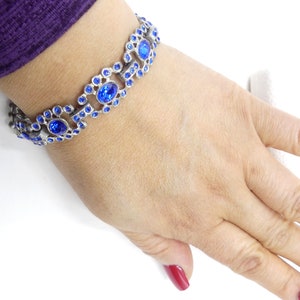 Vintage silver tone & blue rhinestone link bracelet