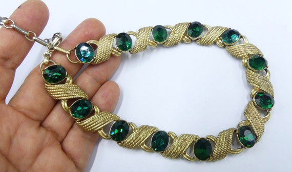 Vintage 50's signed Coro gold tone & green glass … - image 2