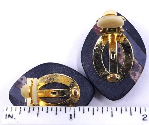 Vintage gold tone & onyx natural stone clip earri… - image 5