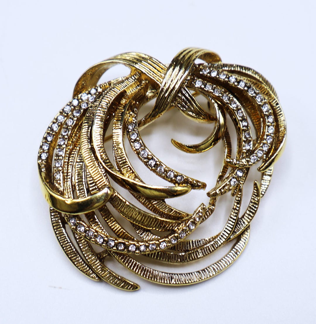 Monet vntage Broche flère dorée en strass avec strass pour les Fêtes