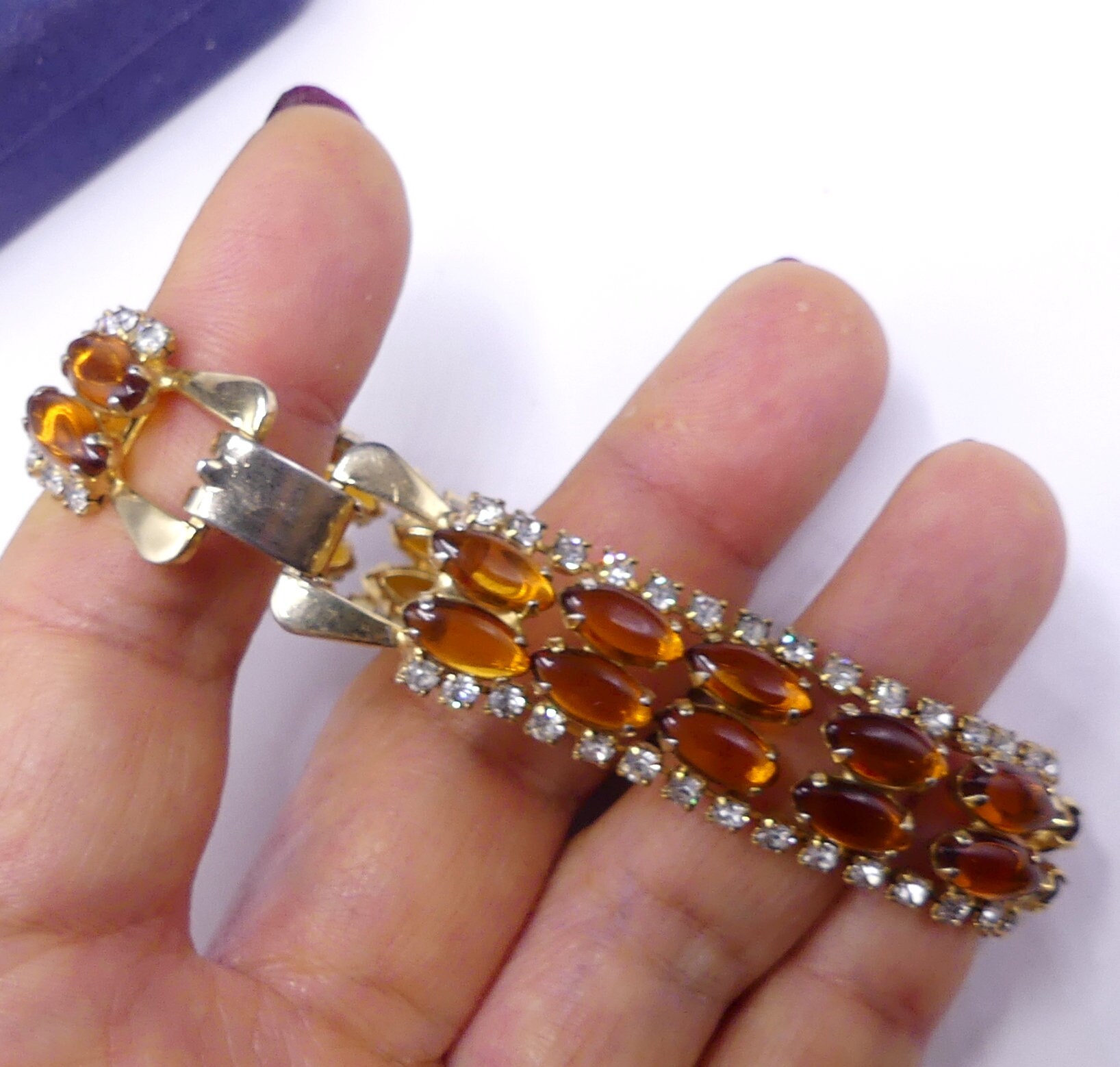Vintage 50's Gold Tone & Amber Glass Cabochon Rhinestone