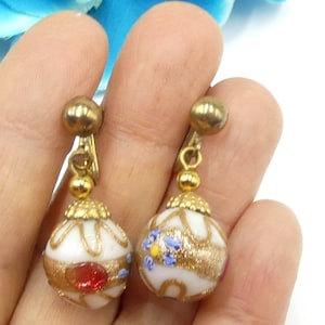 Vintage Italy wedding cake beads & gold tone screw back earrings