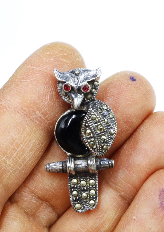 Vintage Sterling Silver Ruby Color Rhinestone Black Onyx