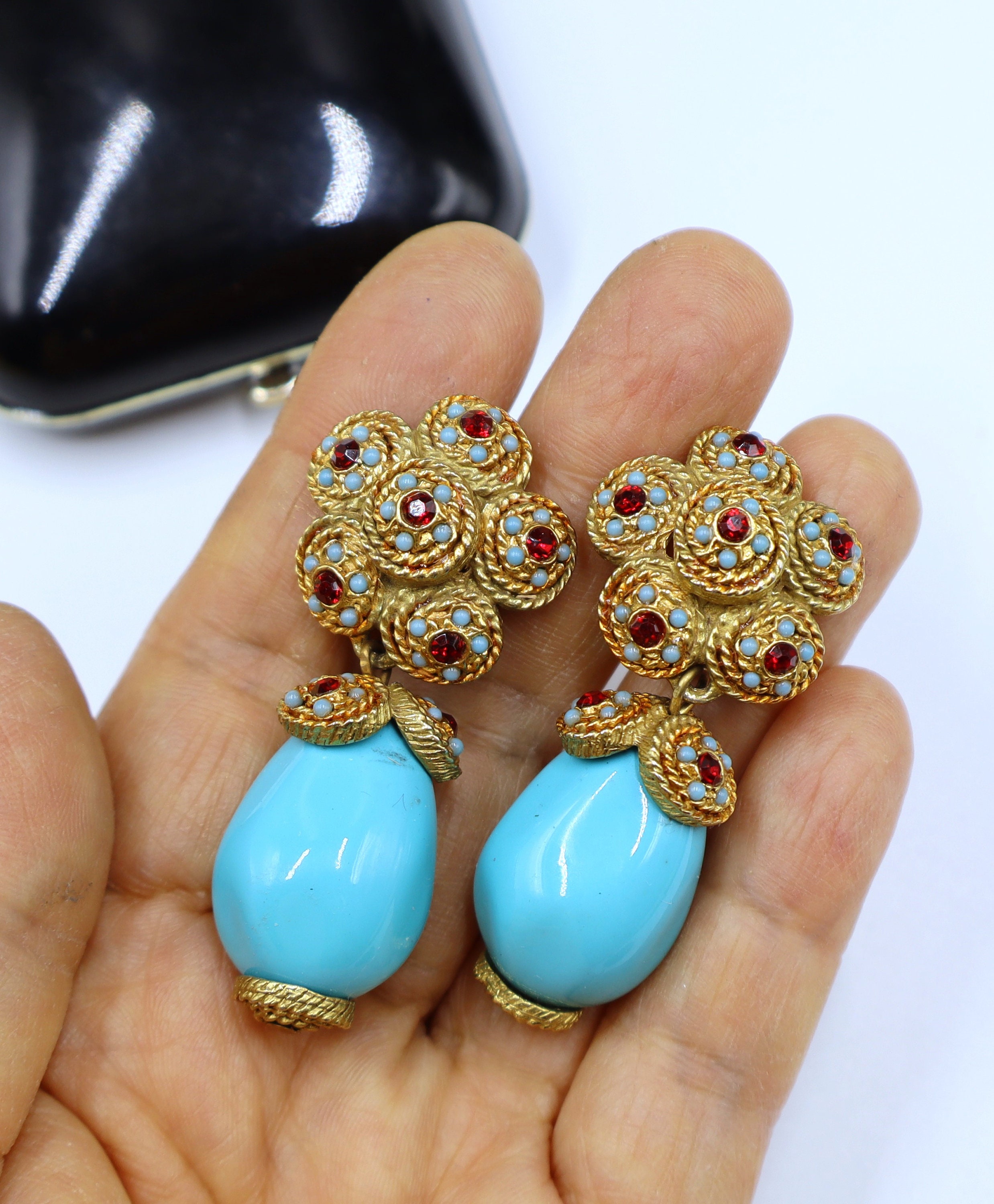 Boucles D'oreilles Clips Vintage Or Et Perles Turquoise - Bijou Ancien 5272