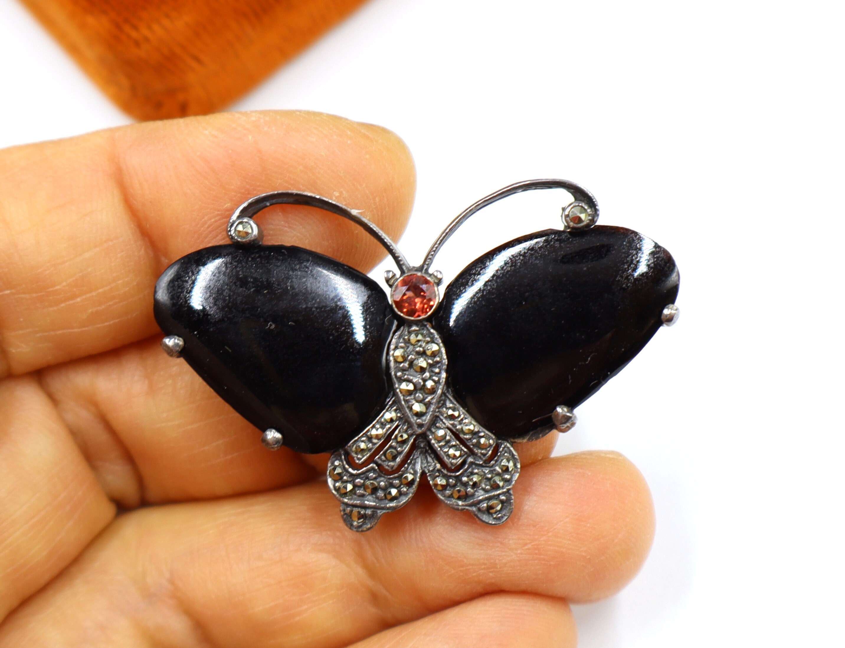 Vintage Sterling Silver Marcasite & Garnet Black Onyx