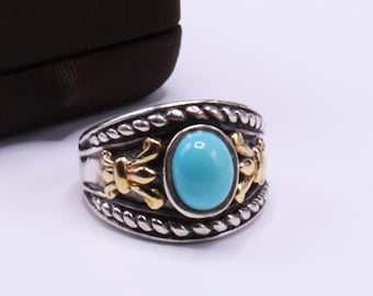 Vintage grote gemarkeerde BJC 14k en 925 sterlingzilver met turquoise cabochon herenringmaat 11,5