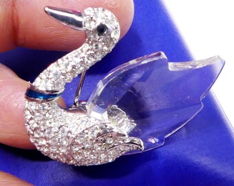 Vintage silver tone enamel Swarovski crystal swan pin/brooch ( B )