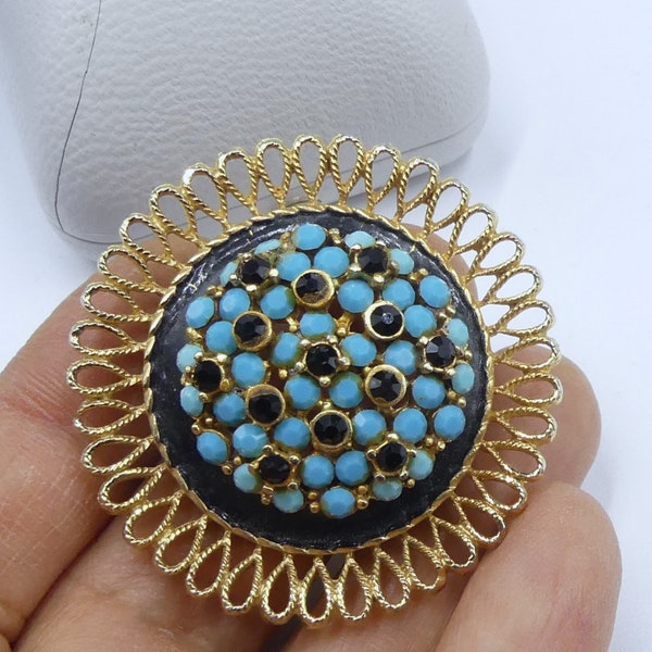 Vintage marked Kramer gold tone enamel faux glass turquoise black rhinestone round pin brooch