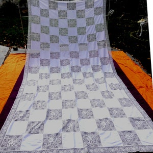 Vintage large filet lace & fabric tablecloth color white  134” x 66”