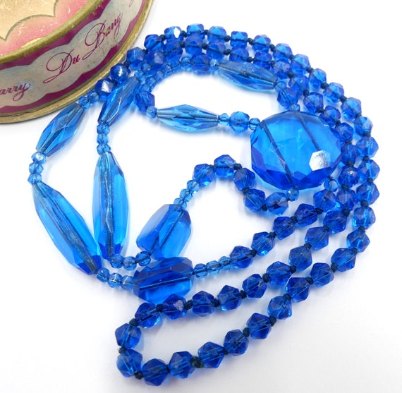 Vintage Art Deco peacock blue glass bead necklace - image 1