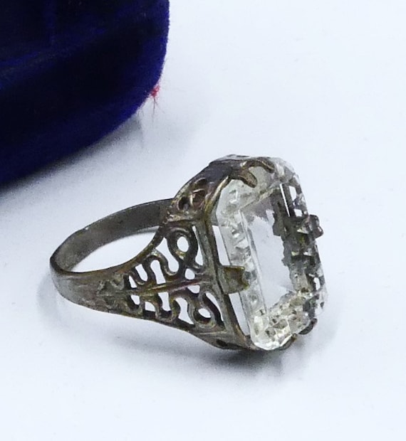 Antique silver tone filigree & clear glass ring si