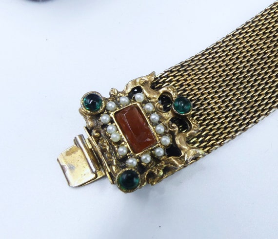 Vintage 40's antique gold tone mesh & faux pearl … - image 4