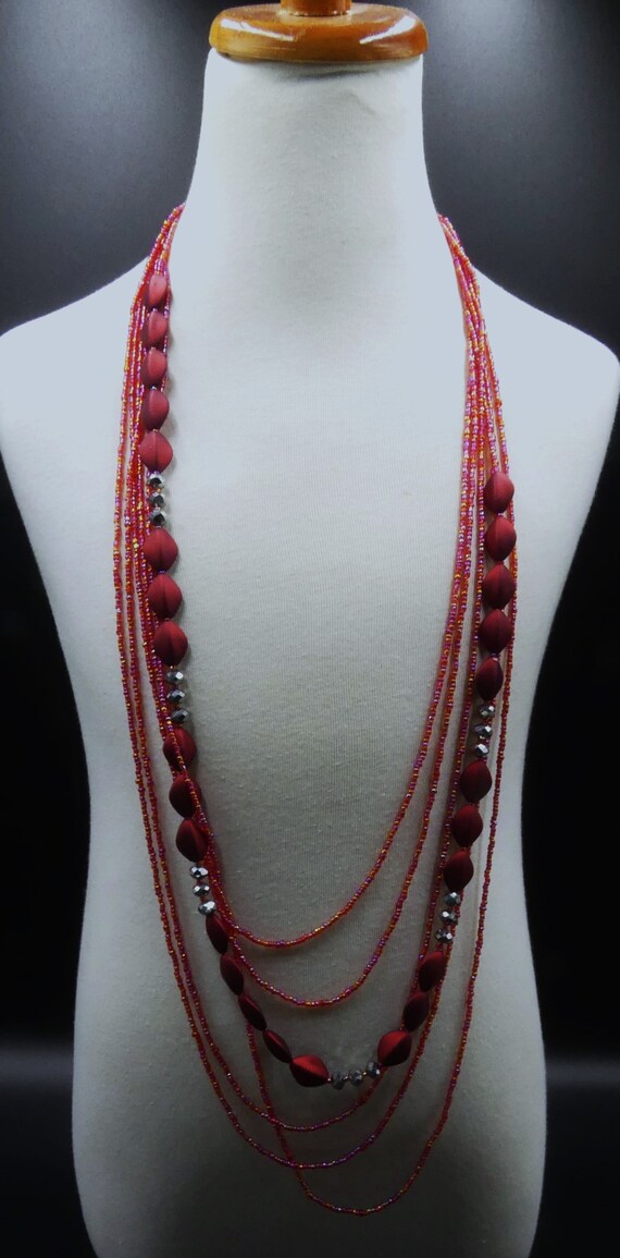 Vintage signed Schmuck multi strings red beads lo… - image 5