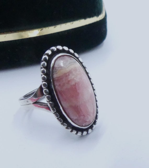 Vintage sterling silver rhodochrosite cabochon ri… - image 1