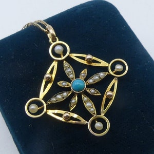 Vintage marked 14k chain & antique Victorian 10K gold turquoise mini pearls pendant necklace