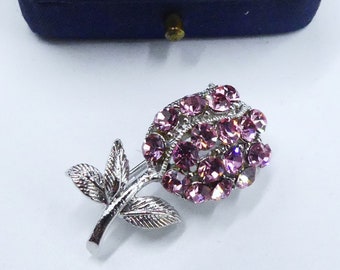 Spilla vintage piccola a forma di tulipano con strass rosa tono argento