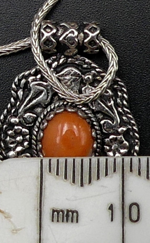 Vintage sterling silver & coral cabochon pendant … - image 7