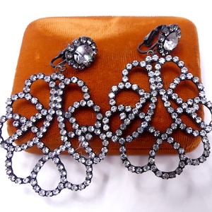 Vintage large signed Kenneth Jay Lane KJL dark silver tone & rhinestone chandelier clip earrings