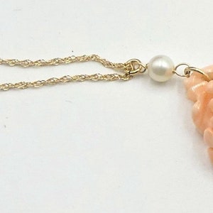 Vintage 14k gold chain & carved coral flower w diamonds pendant necklace