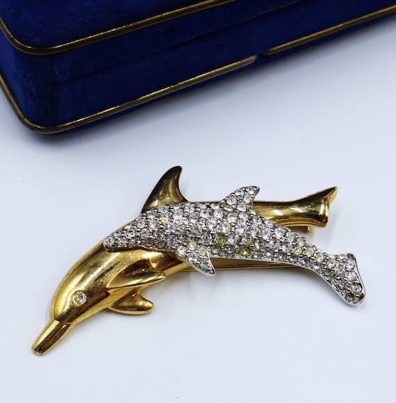 Vintage Signed Swarovski Crystal & Gold Tone Double Dolphin Pin