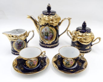 Royalty porcelain 5 pc cobalt blue w 19th C scene tea coffee set made in Germany