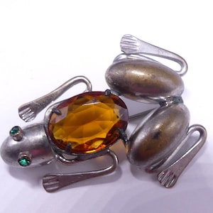 Vintage rare silver tone rhinestone frog pin brooch