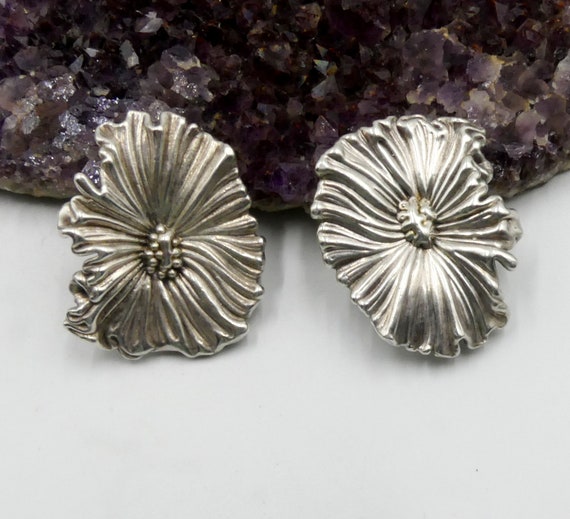 Vintage large sterling silver pansy clip on earri… - image 2