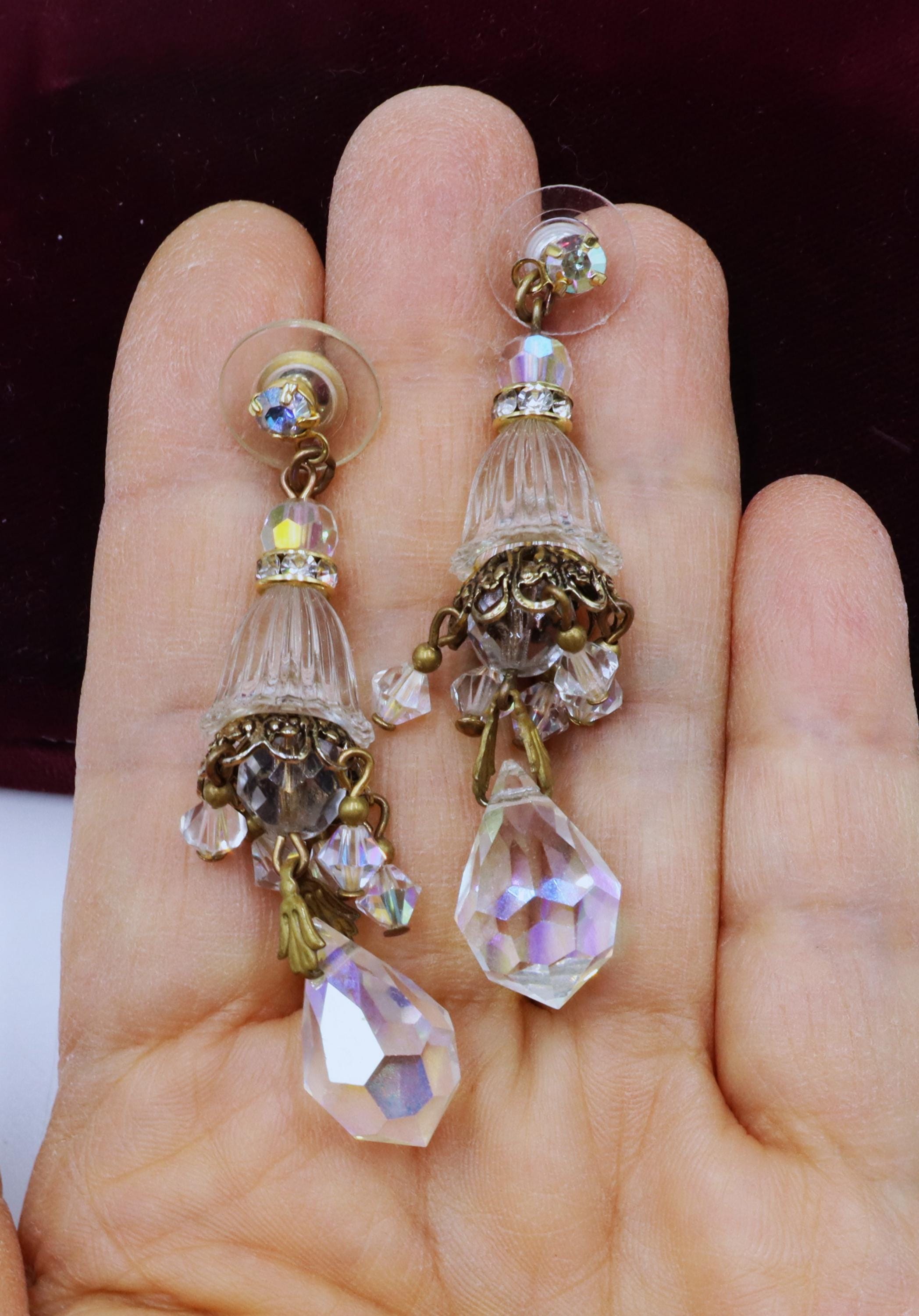 Boucles D'oreilles Vintage En Verre Des Années 1950 - Fermoir Clips - Couleur Doré - Occasion