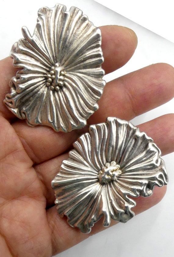 Vintage large sterling silver pansy clip on earri… - image 4