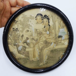 Vintage 30&#39;s Chinese hand painted ladies in the court on rice paper framed