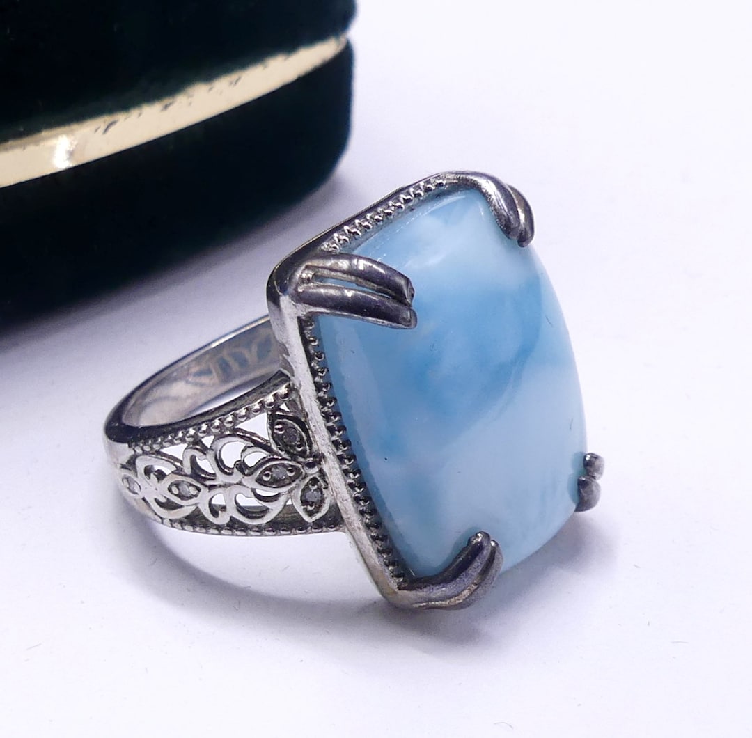 Vintage Marked STS 925 Sterling Silver & Larimar Cabochon Ring Size 10 - Etsy Vintage Marked STS 925 Sterling Silver & Larimar Cabochon Ring Size 10 - Etsy