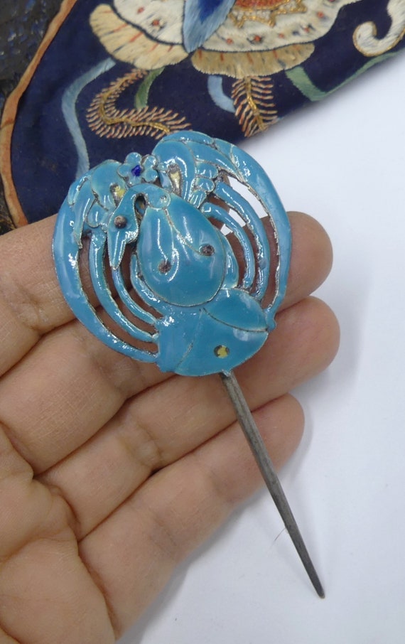 Antique Chinese silver enamel hair pin - image 2