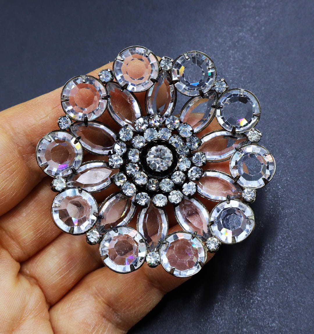 Vintage Silver Tone Clear Glass Rhinestone Paste Pin Brooch - Etsy