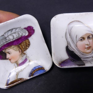 Antique pair small hand painted lady portraits porcelain plates