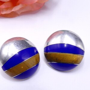 Vintage marked 950 Mexico TL-105 sterling silver enamel tiger eye stone round clip earrings