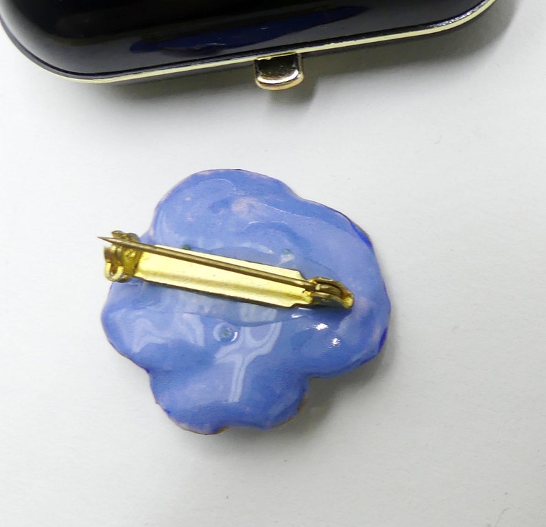 Vintage handmade blue pansy flower ceramic brooch pin A