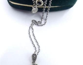Vintage marked " Vintage " sterling silver marcasite and mother of pearl cabochon pendant necklace