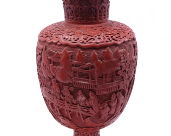 Antique Chinese hand carved cinnabar brass vase lamp