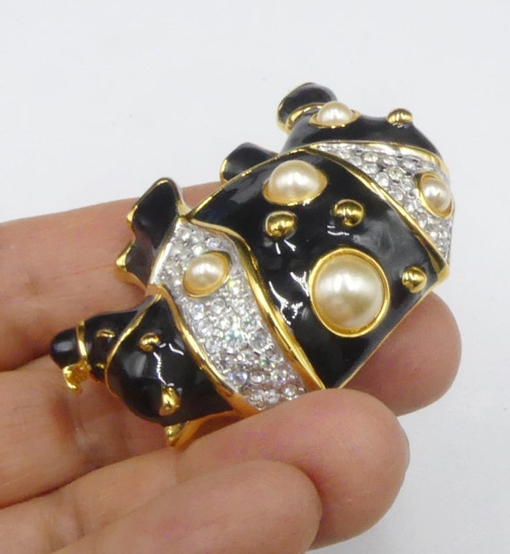 Vintage signed Kenneth Jay Lane gold tone black e… - image 3