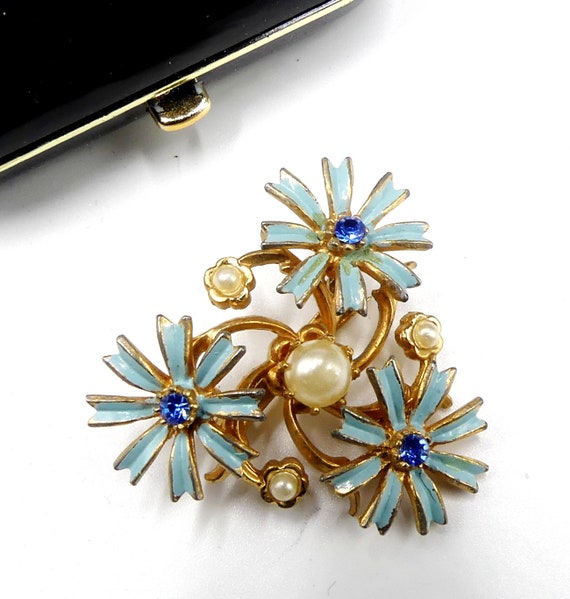 Broche Vintage En Métal Doré Texturé Avec émail Marbré Et Strass - Occasion
